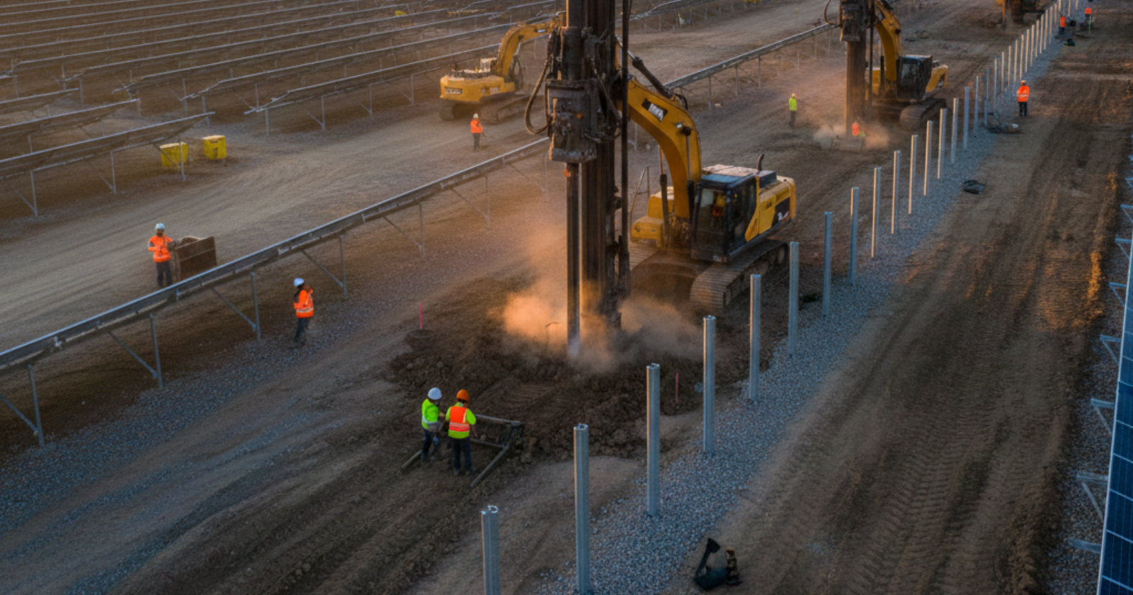 Macchinari battipalo in azione per l’installazione dei pali fotovoltaici in un grande parco solare, con tecnici al lavoro al tramonto