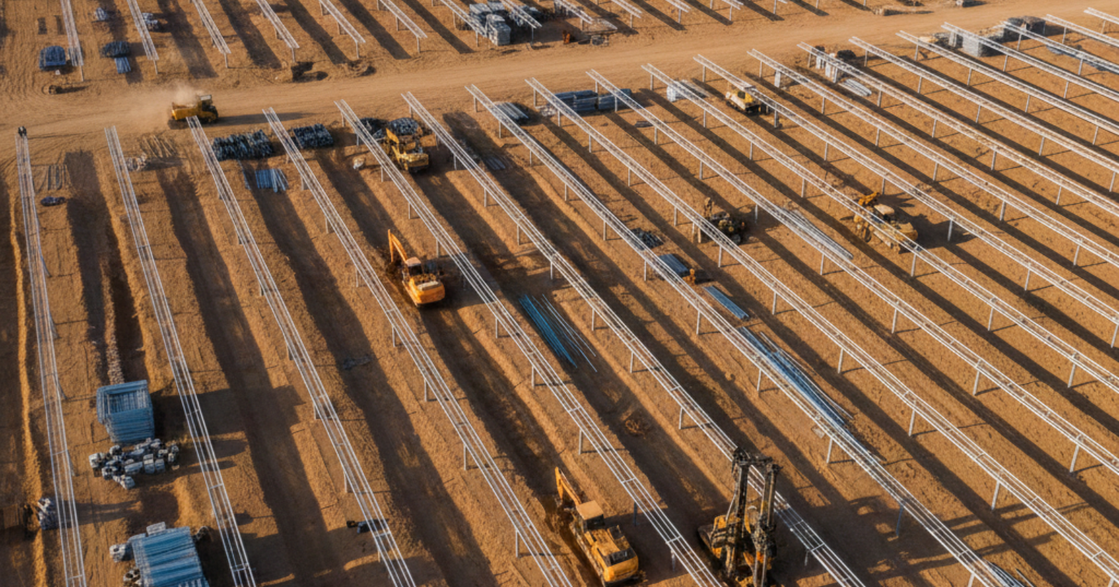 Vista aerea di un grande cantiere fotovoltaico con strutture montate e macchinari per la realizzazione di un parco solare