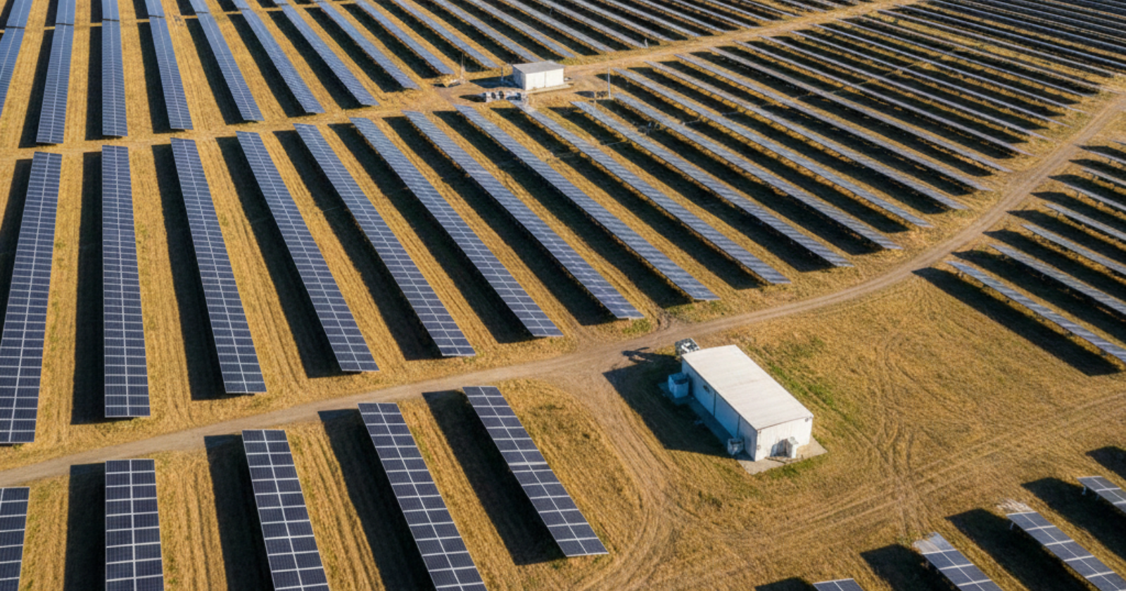 Veduta aerea di un grande parco fotovoltaico con file ordinate di pannelli solari su terreno agricolo